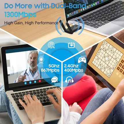 USB 3.0 Wireless WIFI Adapter 1300Mbps, Long Range Dual Band, 5Ghz Network