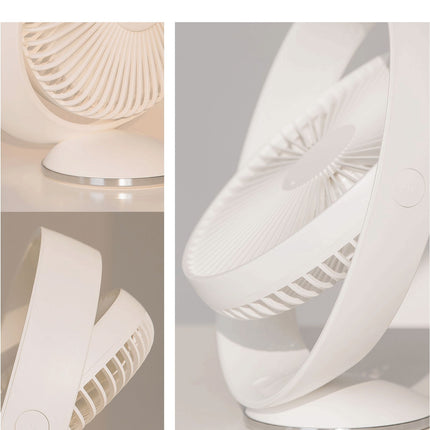 A white USB desk fan with a unique curved design and a silver base accent.
