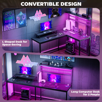 L Shaped Gaming Desk With Power Outlets & LED Lights
