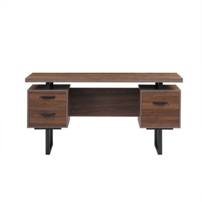 Brown wood home office computer desk with two drawers on each side and black metal legs.