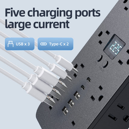 Power Strip / Surge Protector with 5 USB - 2 Type C, Digital Display and Side Ports