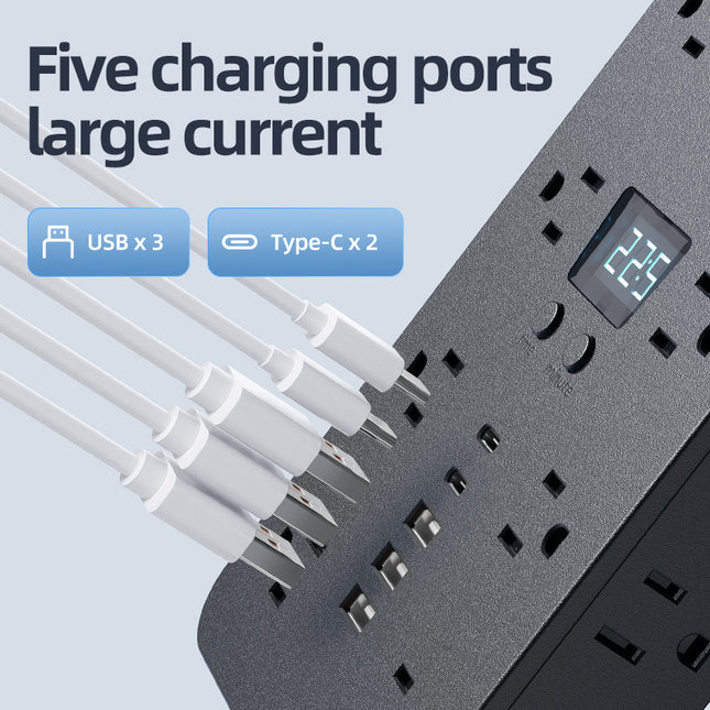 Power Strip / Surge Protector with 5 USB - 2 Type C, Digital Display and Side Ports
