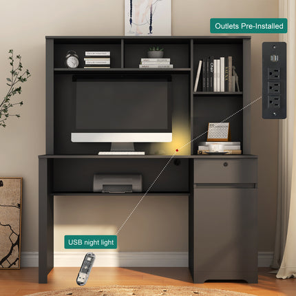 Computer Desk With Hutch & Bookshelf, Charging Plugs/Ports