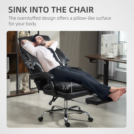 A man relaxes in a black overstuffed office chair with a footrest.