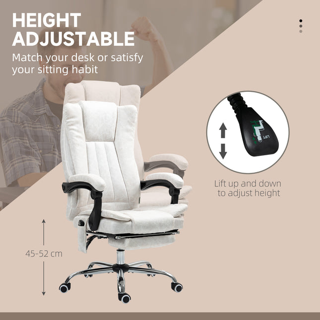 White massage office chair with adjustable height and footrest.