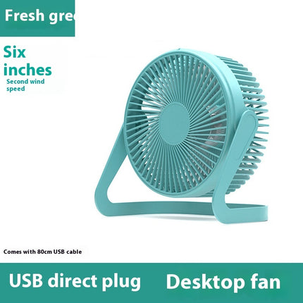 A teal USB mini fan with a five-blade design and two-speed settings.