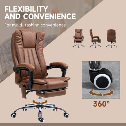 Brown massage office chair with footrest, 360-degree swivel, and rolling casters.