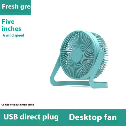 A teal USB mini fan with a five-inch diameter and a two-speed setting.