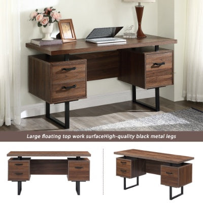 Brown computer desk with a floating top, two drawer pedestals, and black metal legs.