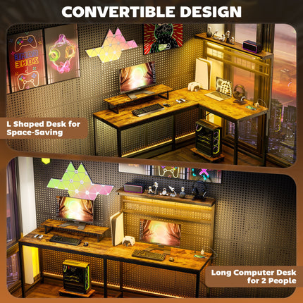 L Shaped Gaming Desk With Power Outlets & LED Lights
