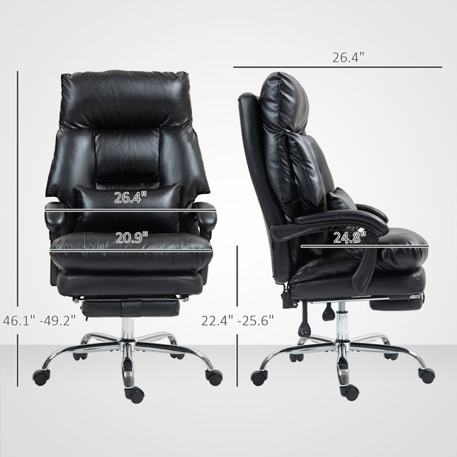 Black overstuffed office chair with footrest, shown from front and side with dimensions.