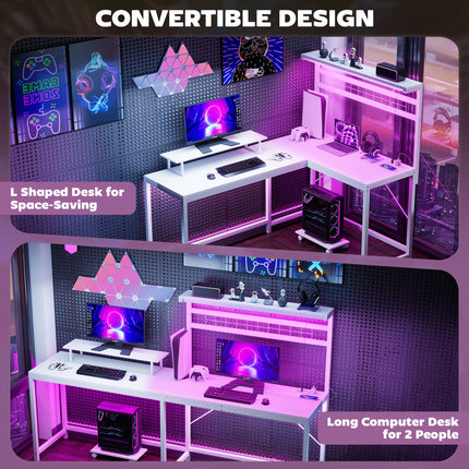 L Shaped Gaming Desk With Power Outlets & LED Lights