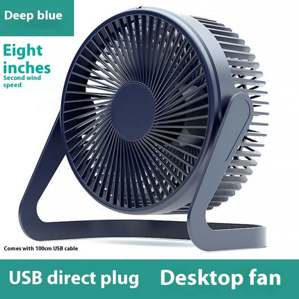 A deep blue, eight-inch USB desktop fan with a two-speed setting.