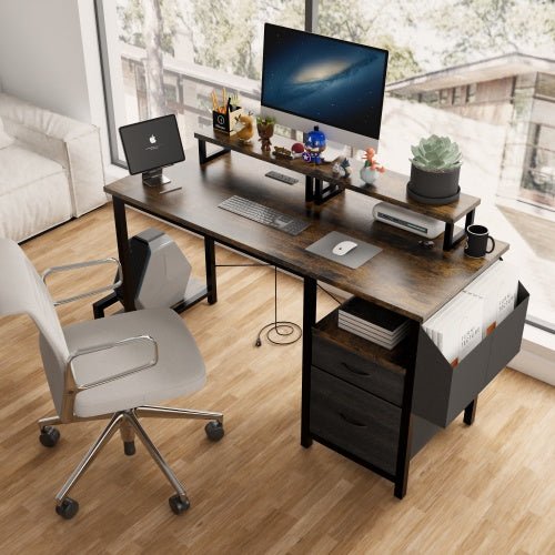 GamersCrate 47" Computer Desk with Power Outlets & Monitor Stands, Rustic Brown - Gamers Crate