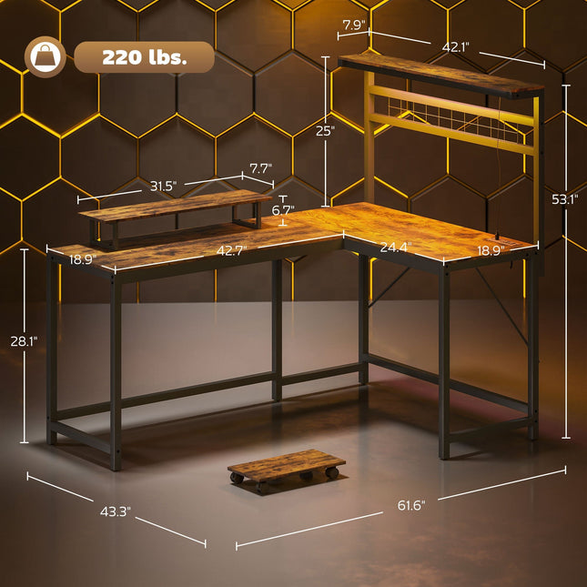 GamersCrate L - Shaped Gaming Desk with Power Outlets & RGB LED Lights - Gamers Crate