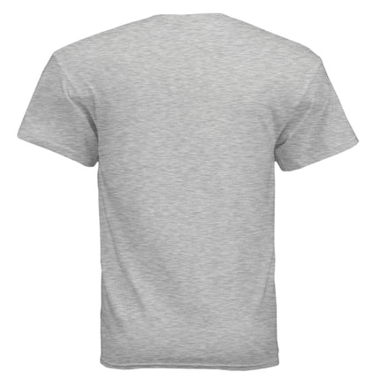 Back of a light gray short-sleeve t-shirt.
