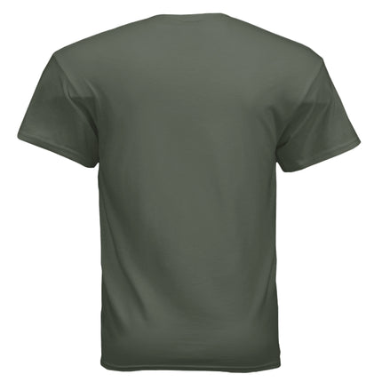Back of a plain olive green t-shirt.
