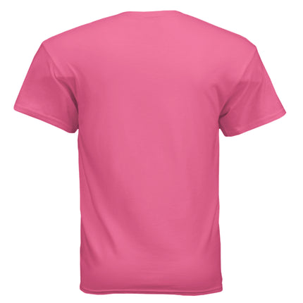 Back view of a plain pink short-sleeve t-shirt.