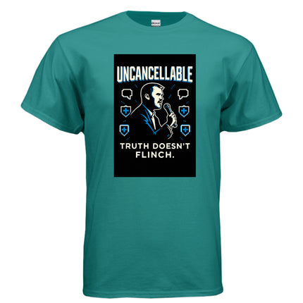 A teal t-shirt features a graphic of Charlie Kirk with "UNCANCELLABLE" and "TRUTH DOESN'T FLINCH."