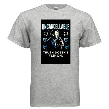 A gray t-shirt features a graphic of Charlie Kirk with the text "Uncancellable. Truth doesn't flinch."
