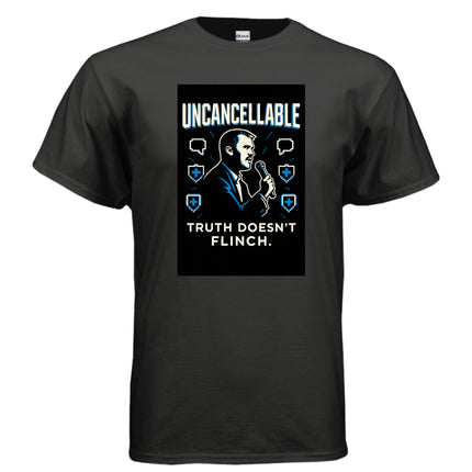 A black t-shirt features a graphic of Charlie Kirk with the text "Uncancellable, Truth Doesn't Flinch."