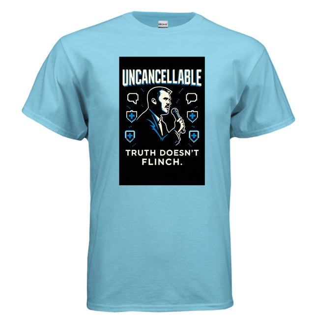 A light blue t-shirt features a graphic of Charlie Kirk with the text "Uncancellable."