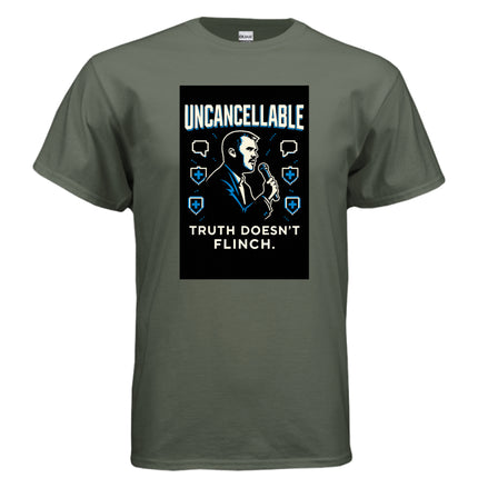 A dark green t-shirt features a graphic of Charlie Kirk with the text "UNCANCELLABLE TRUTH DOESN'T FLINCH."
