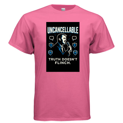 A pink t-shirt features a graphic of Charlie Kirk with "Uncancellable" and "Truth Doesn't Flinch."
