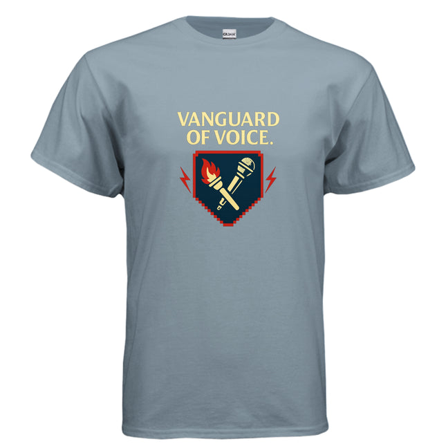 A light blue t-shirt with "VANGUARD OF VOICE." and a torch and microphone emblem.