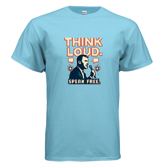 A light blue t-shirt features a pixelated image of Charlie Kirk with the text "Think Loud, Speak Free."
